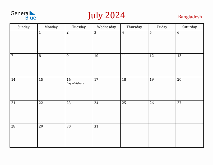 Bangladesh July 2024 Calendar - Sunday Start