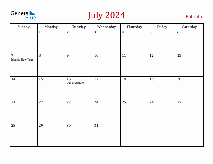 Bahrain July 2024 Calendar - Sunday Start