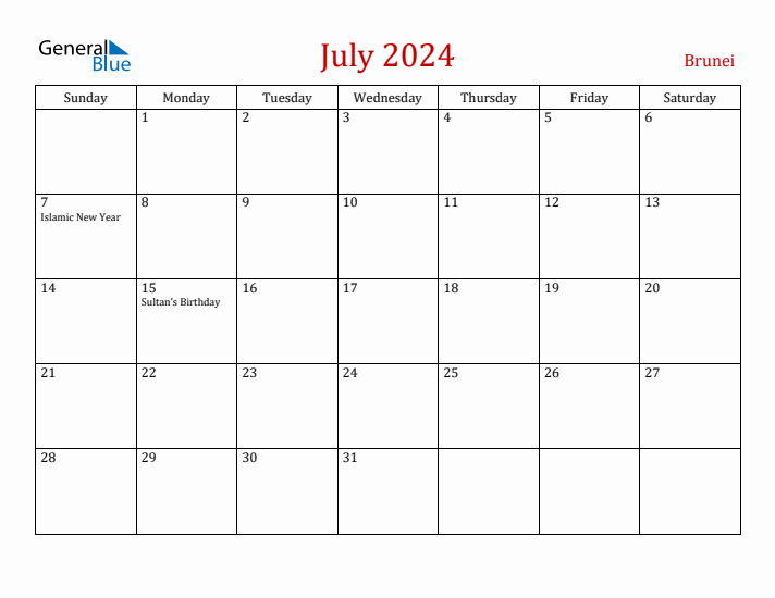 Brunei July 2024 Calendar - Sunday Start
