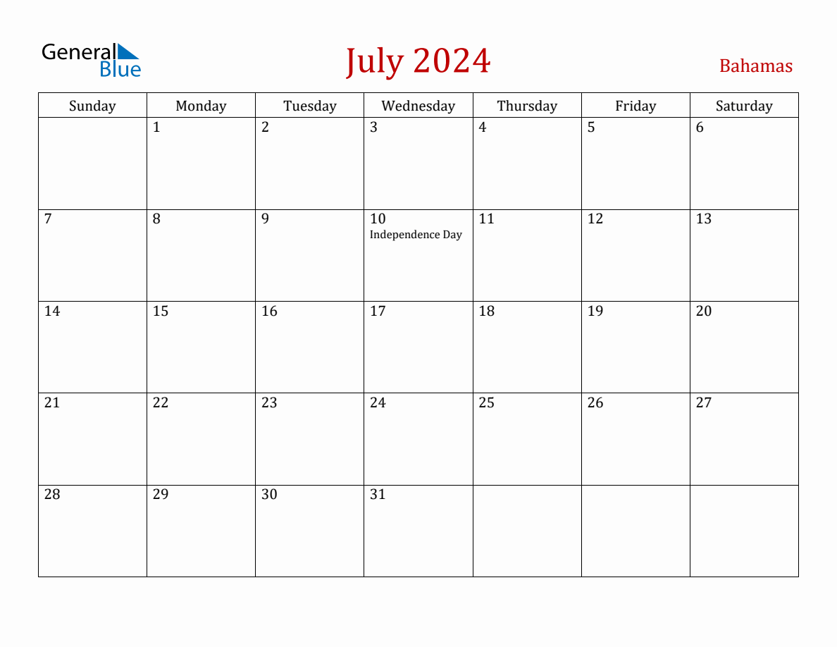 July 2024 Bahamas Monthly Calendar with Holidays