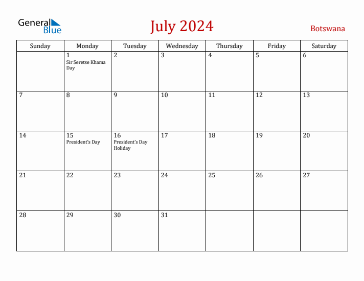 Botswana July 2024 Calendar - Sunday Start