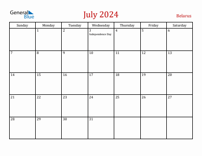 Current month calendar with Belarus holidays for July 2024