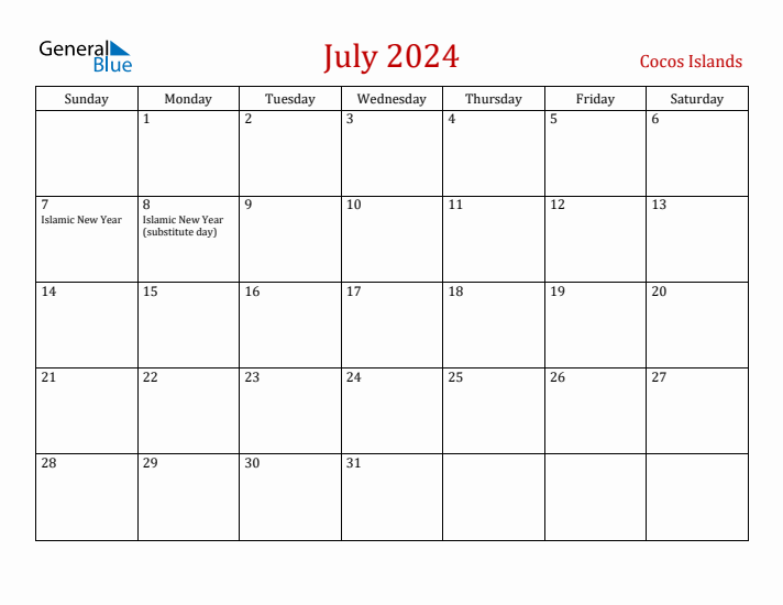 Cocos Islands July 2024 Calendar - Sunday Start