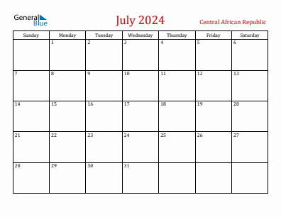 Current month calendar with Central African Republic holidays for July 2024