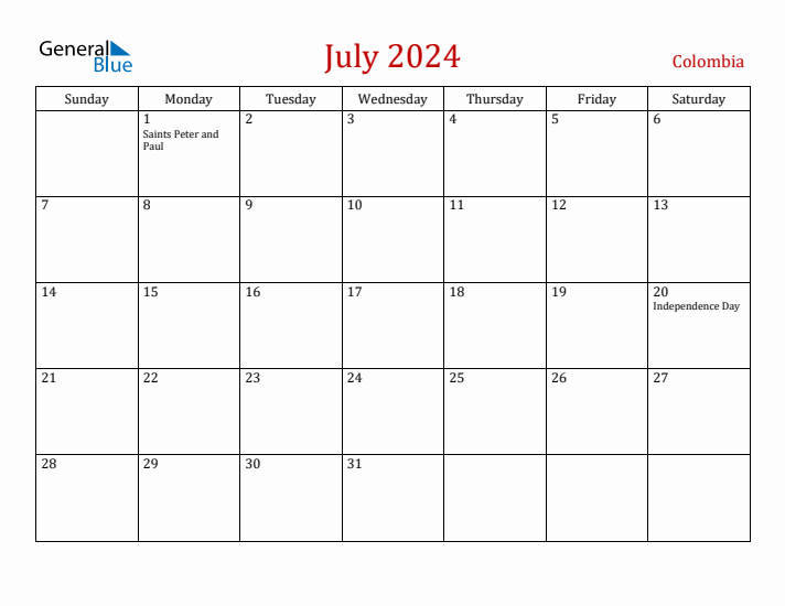Colombia July 2024 Calendar - Sunday Start