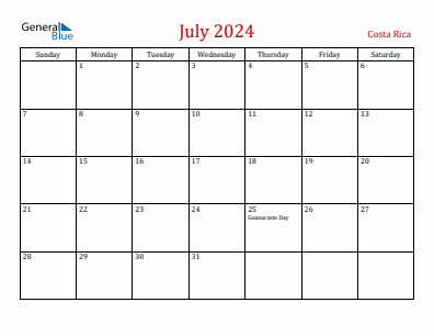 Current month calendar with Costa Rica holidays for July 2024