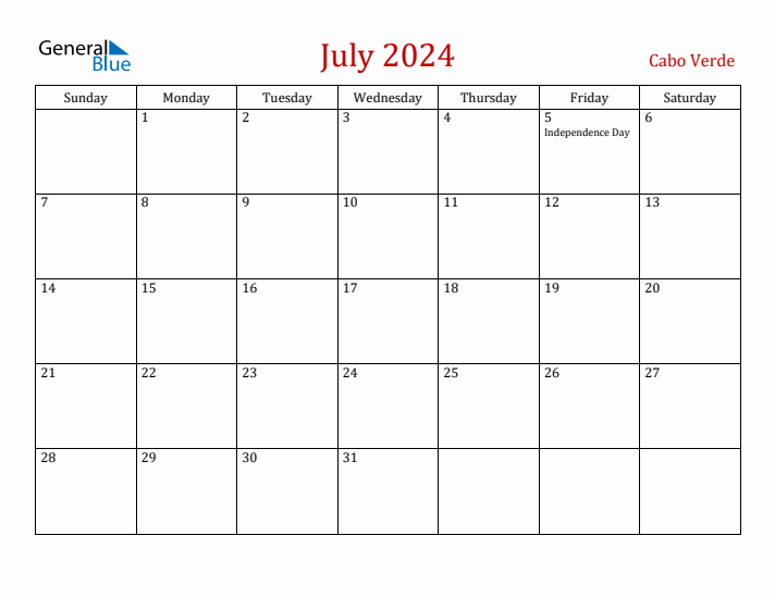 Cabo Verde July 2024 Calendar - Sunday Start