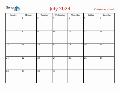 Current month calendar with Christmas Island holidays for July 2024