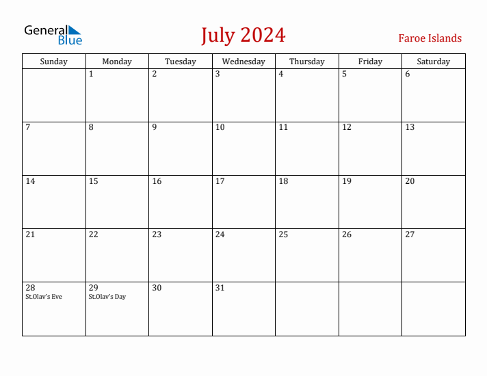 Faroe Islands July 2024 Calendar - Sunday Start
