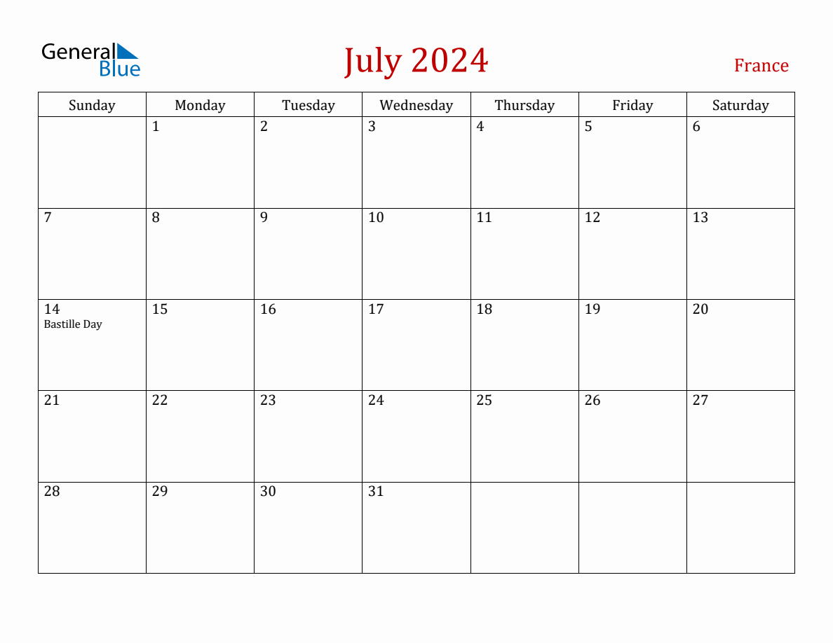 July 2024 France Monthly Calendar with Holidays