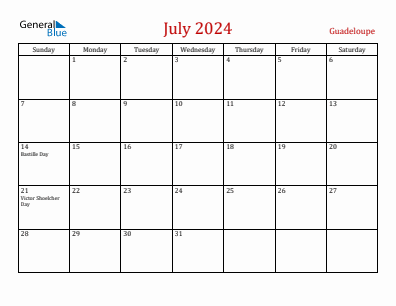 Current month calendar with Guadeloupe holidays for July 2024