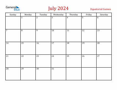 Current month calendar with Equatorial Guinea holidays for July 2024