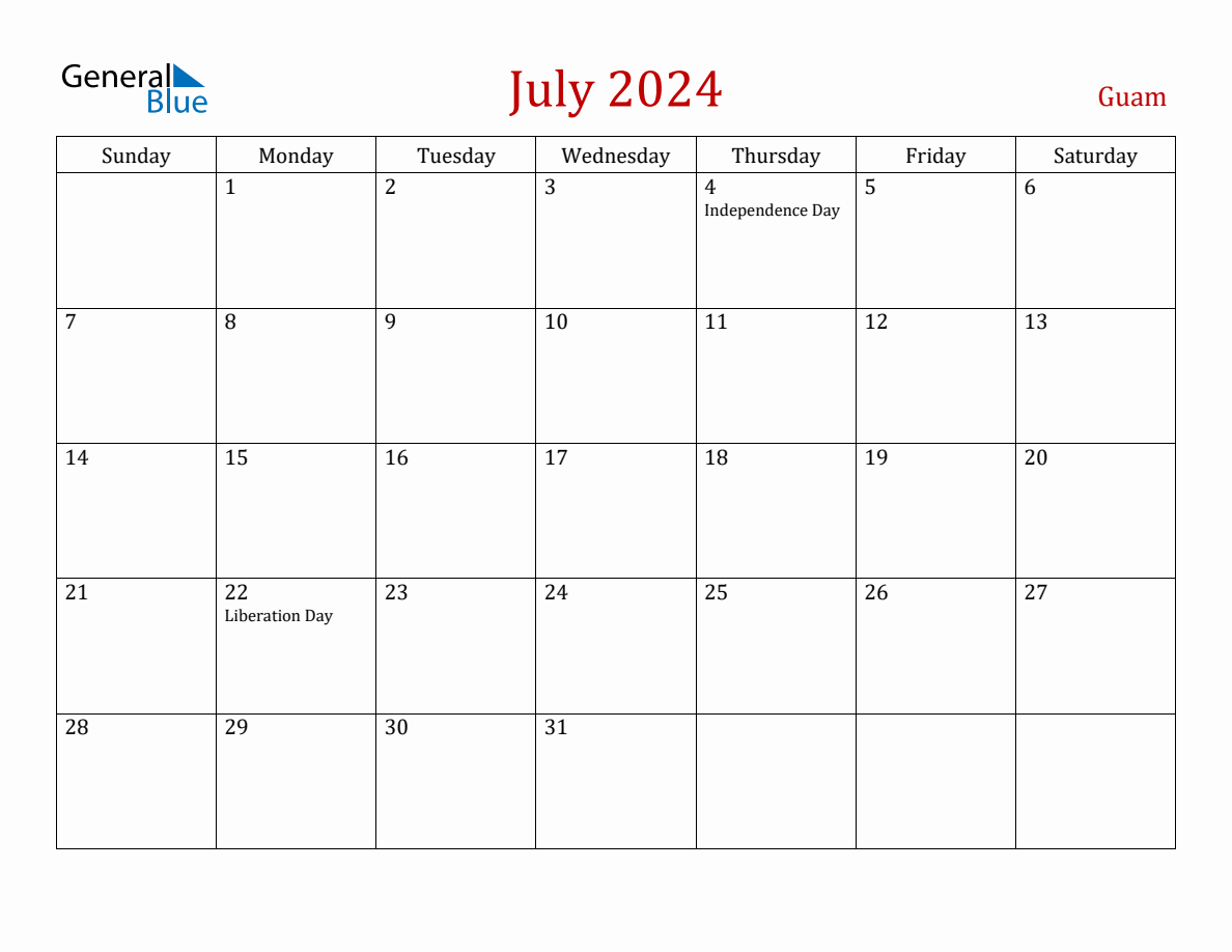 July 2024 Guam Monthly Calendar with Holidays