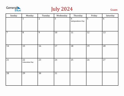 Current month calendar with Guam holidays for July 2024