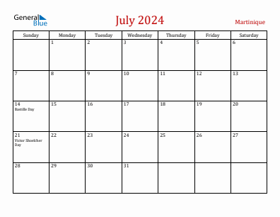 Current month calendar with Martinique holidays for July 2024