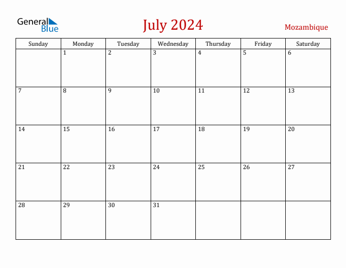 Mozambique July 2024 Calendar - Sunday Start