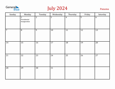 Current month calendar with Panama holidays for July 2024