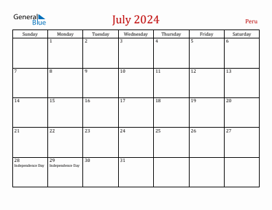 Current month calendar with Peru holidays for July 2024
