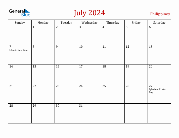 July 2024 Monthly Calendar with Philippines Holidays
