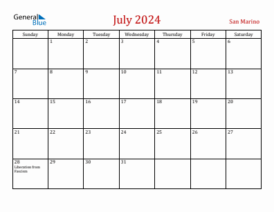 Current month calendar with San Marino holidays for July 2024