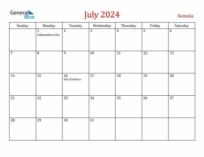 Somalia July 2024 Calendar - Sunday Start