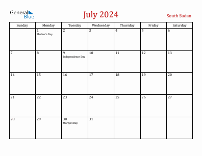 Current month calendar with South Sudan holidays for July 2024