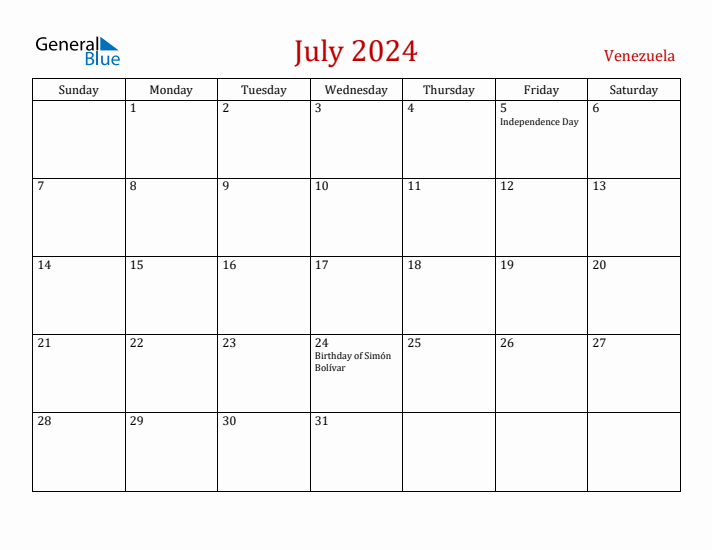 Venezuela July 2024 Calendar - Sunday Start