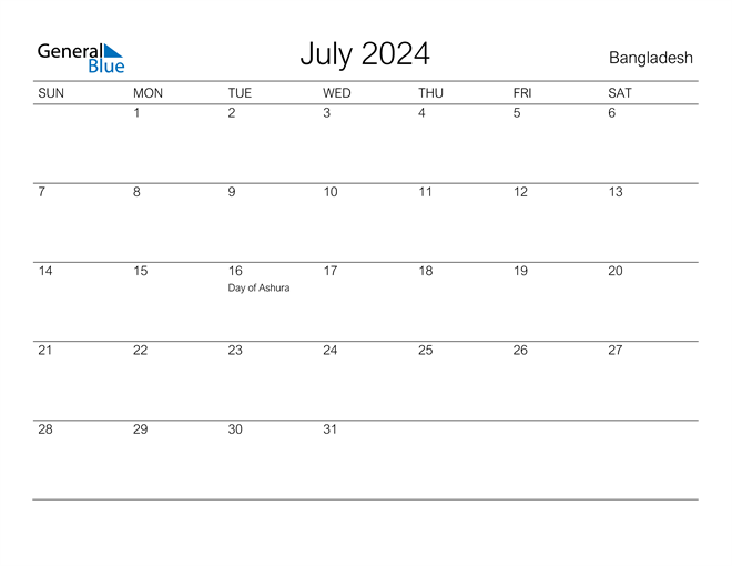 Bangladesh July 2024 Calendar with Holidays