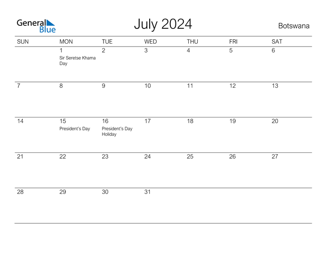 Botswana July 2024 Calendar with Holidays