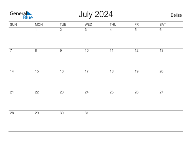 Belize July 2024 Calendar with Holidays