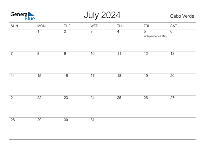 Cabo Verde July 2024 Calendar with Holidays