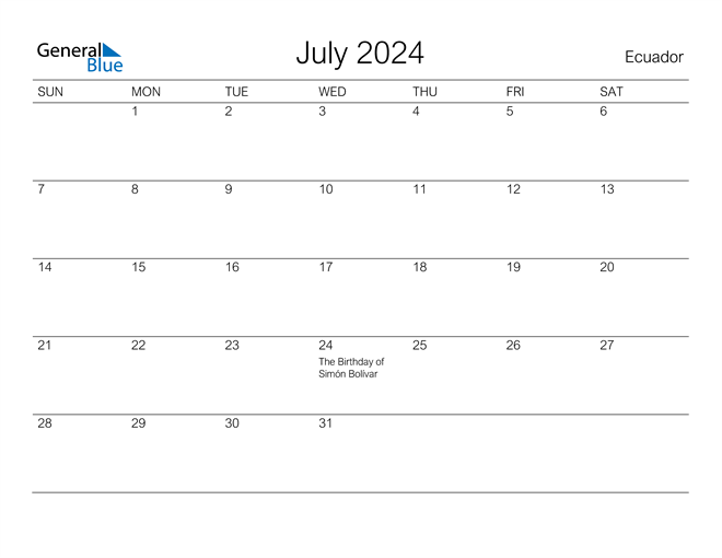 Printable July 2024 Calendar for Ecuador