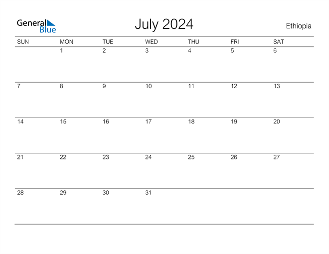 Ethiopia July 2024 Calendar with Holidays