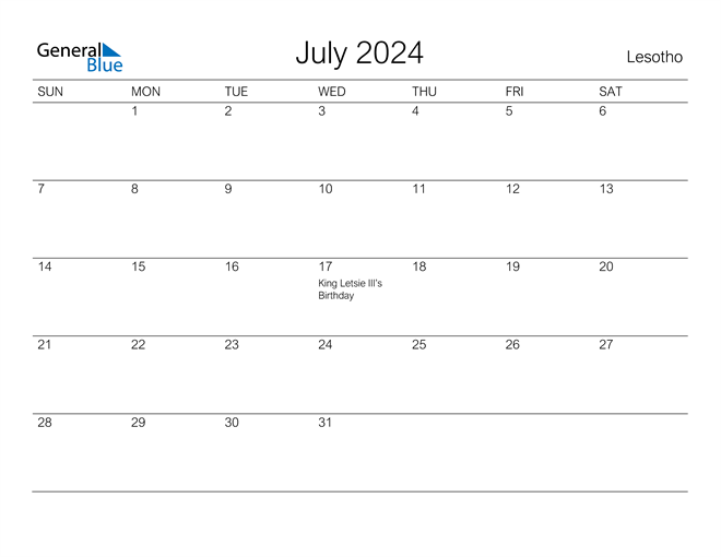 Lesotho July 2024 Calendar with Holidays