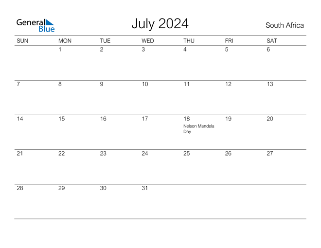 South Africa July 2024 Calendar with Holidays