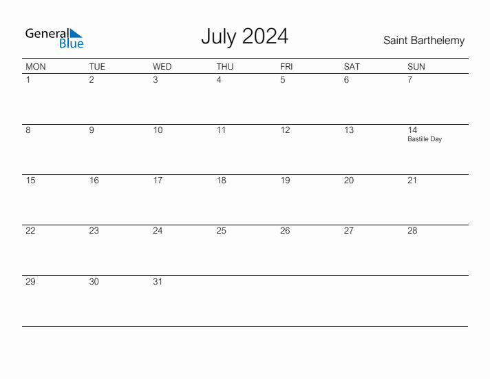 Printable July 2024 Calendar for Saint Barthelemy