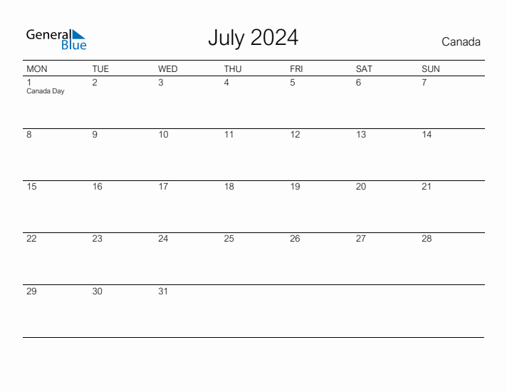 Printable July 2024 Monthly Calendar with Holidays for Canada