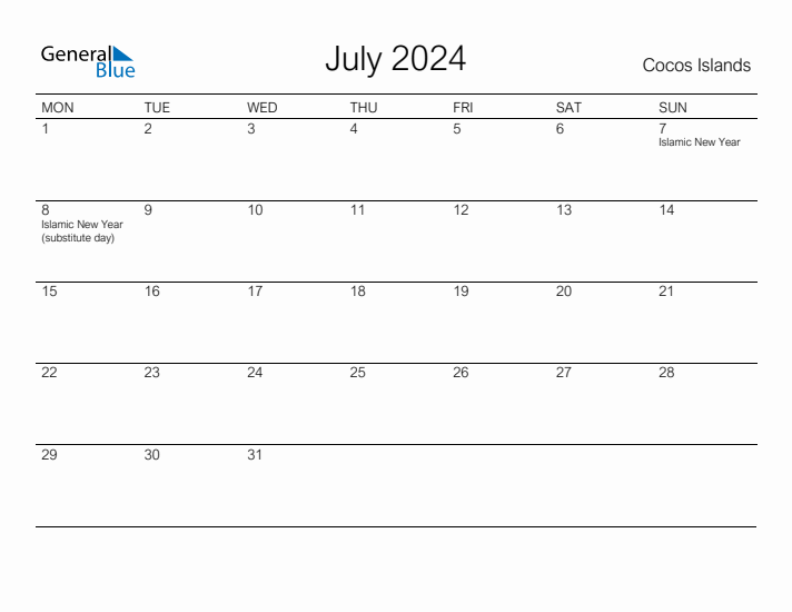 Printable July 2024 Calendar for Cocos Islands