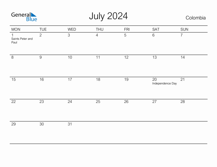 Printable July 2024 Calendar for Colombia