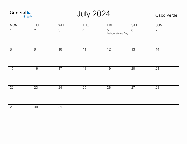 Printable July 2024 Calendar for Cabo Verde