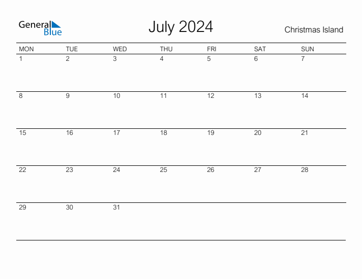 Printable July 2024 Calendar for Christmas Island