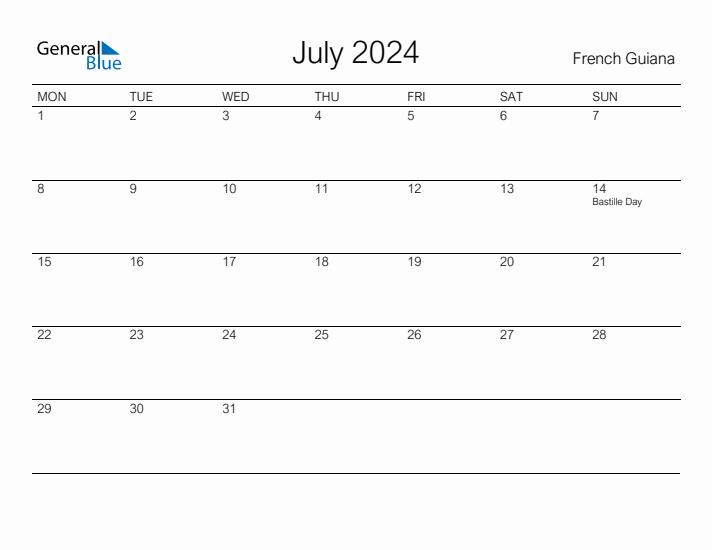 Printable July 2024 Calendar for French Guiana