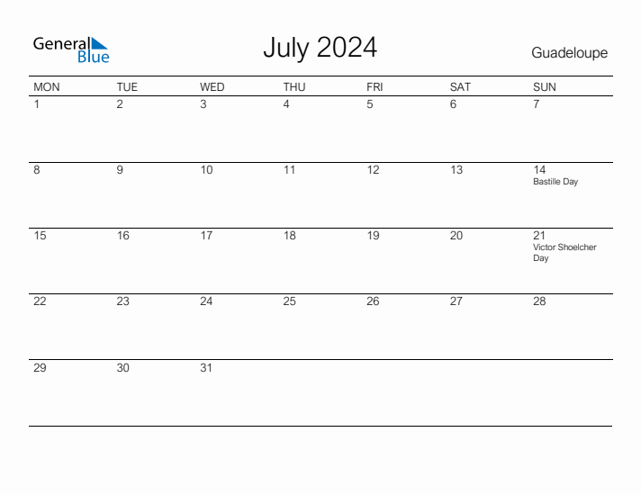 Printable July 2024 Calendar for Guadeloupe