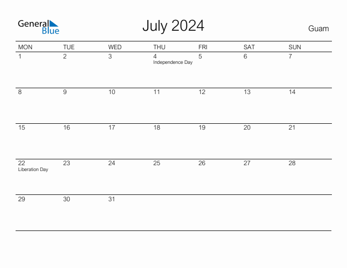 Printable July 2024 Calendar for Guam