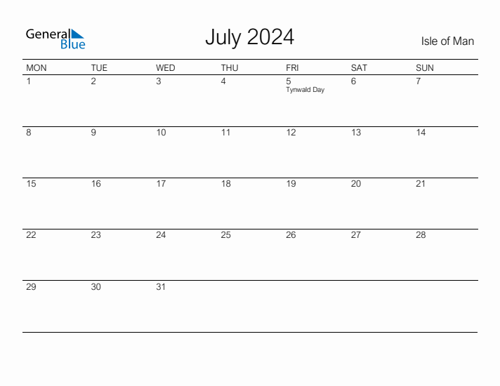 Printable July 2024 Calendar for Isle of Man