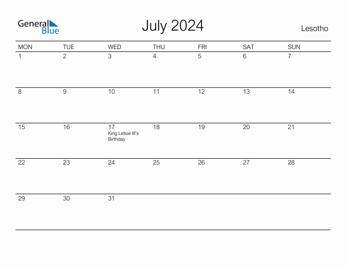 Printable July 2024 Calendar for Lesotho