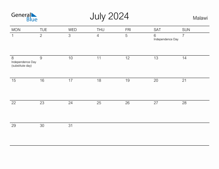 Printable July 2024 Calendar for Malawi