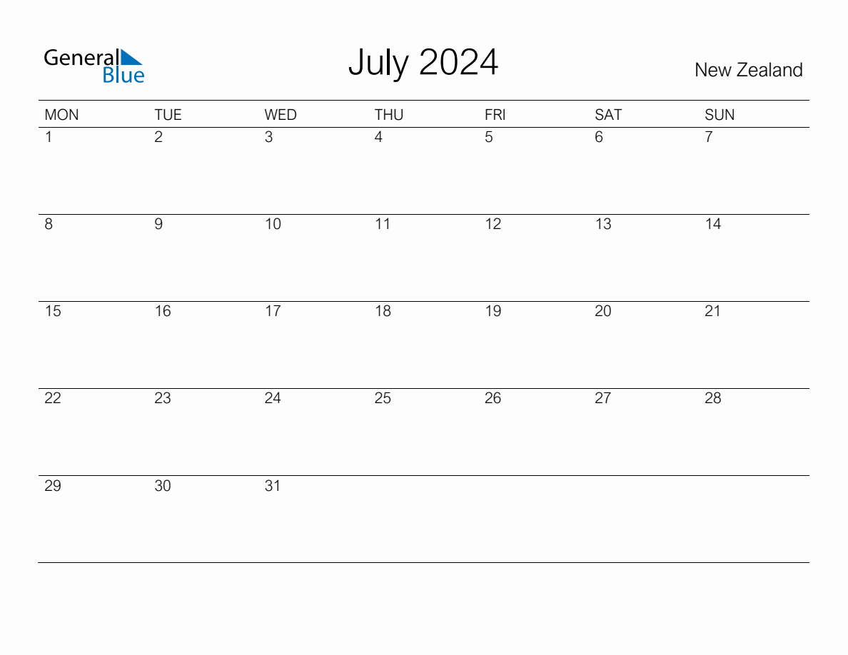 Printable July 2024 Monthly Calendar with Holidays for New Zealand