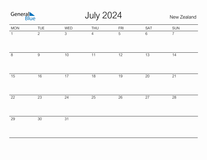 Printable July 2024 Monthly Calendar with Holidays for New Zealand