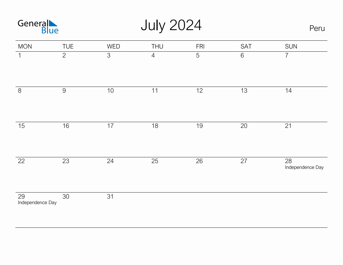 Printable July 2024 Monthly Calendar with Holidays for Peru